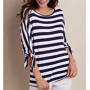 💖 Soft Surroundings Adrift Navy and White Nautical Knit-Striped Pullover Top
